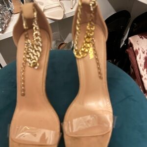 Fashion Nova Nude Clear Strap Heels with Gold Chain